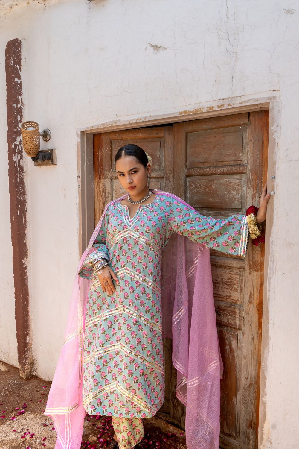 Saundh Pink and Blue hand block printed cotton Salwar set