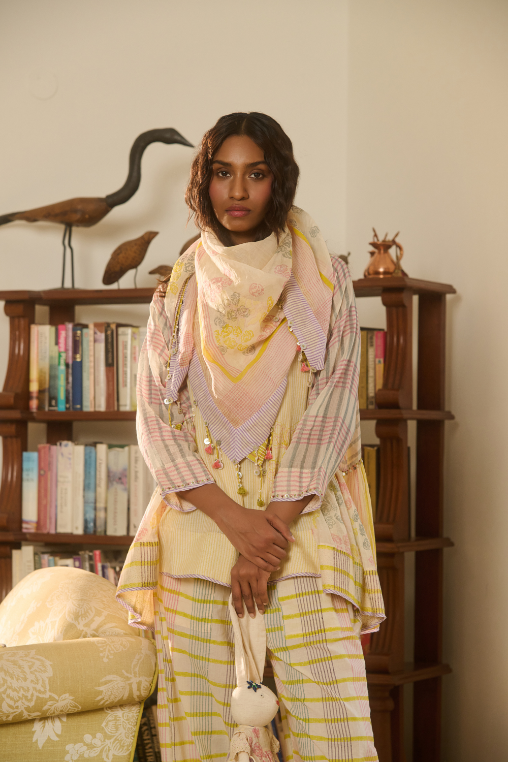 WENDY SCARF-IVORY WITH  PURPLE BORDER