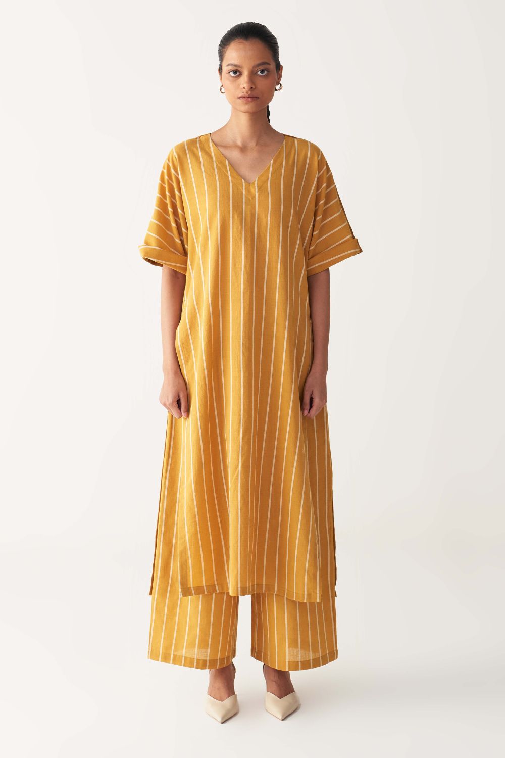 V-NECK KAFTAN CO-ORD-MUSTARD STRIPES