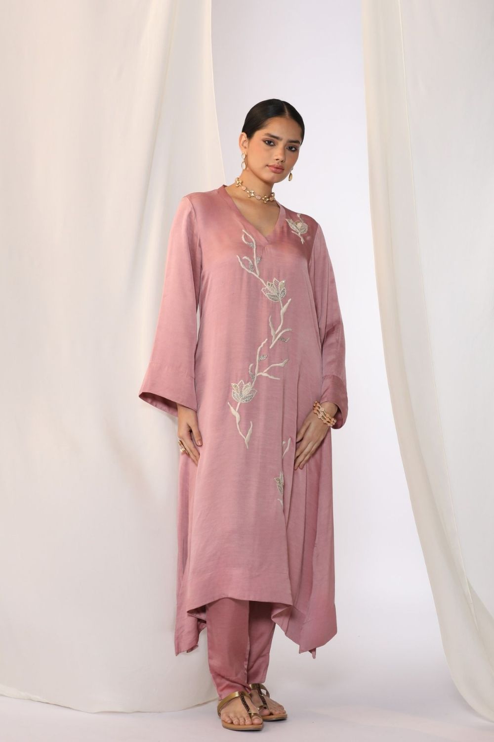 Linen satin kurta with floral handwork embroidery