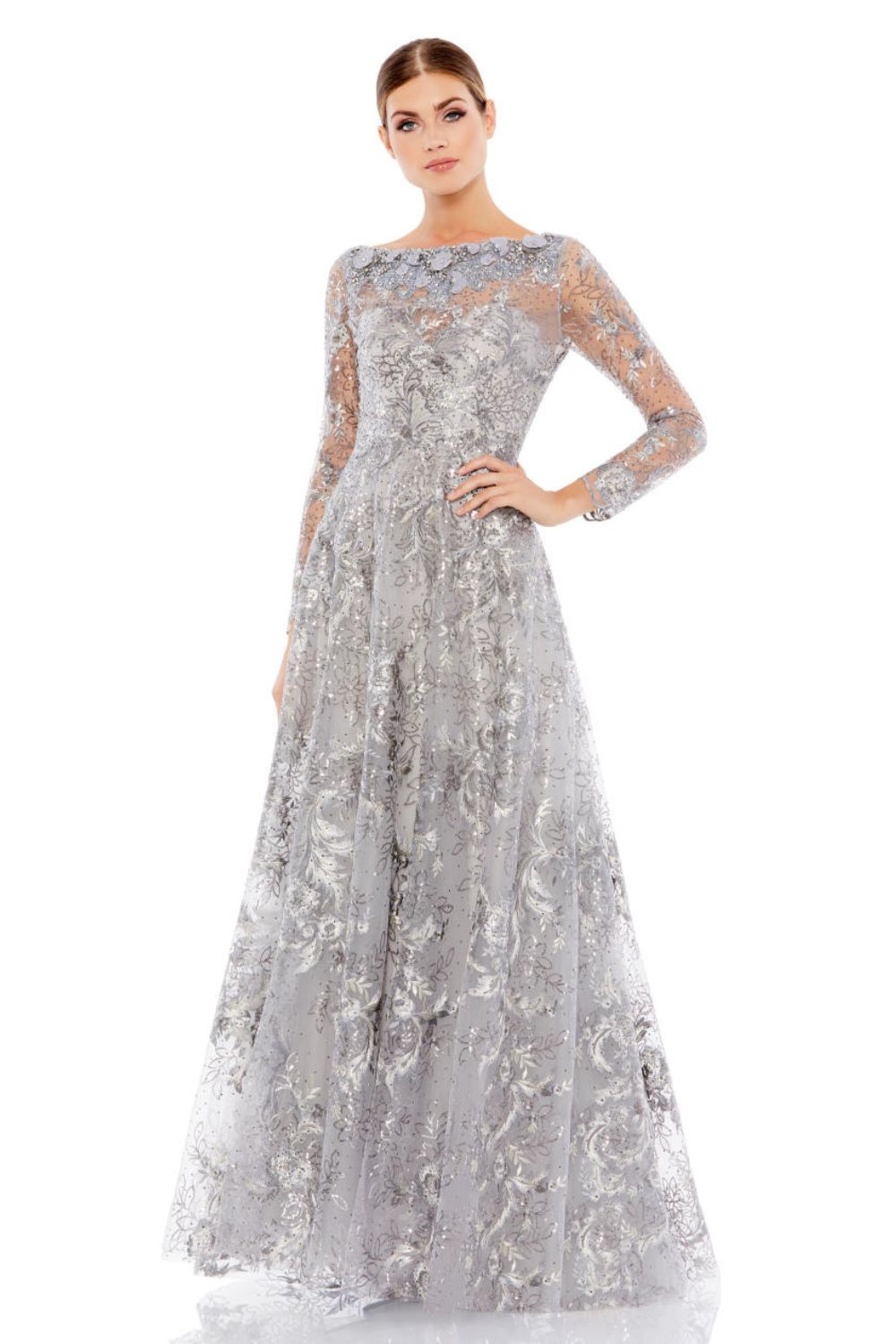 A67498-Floral Embroidered Illusion Long Sleeve Gown