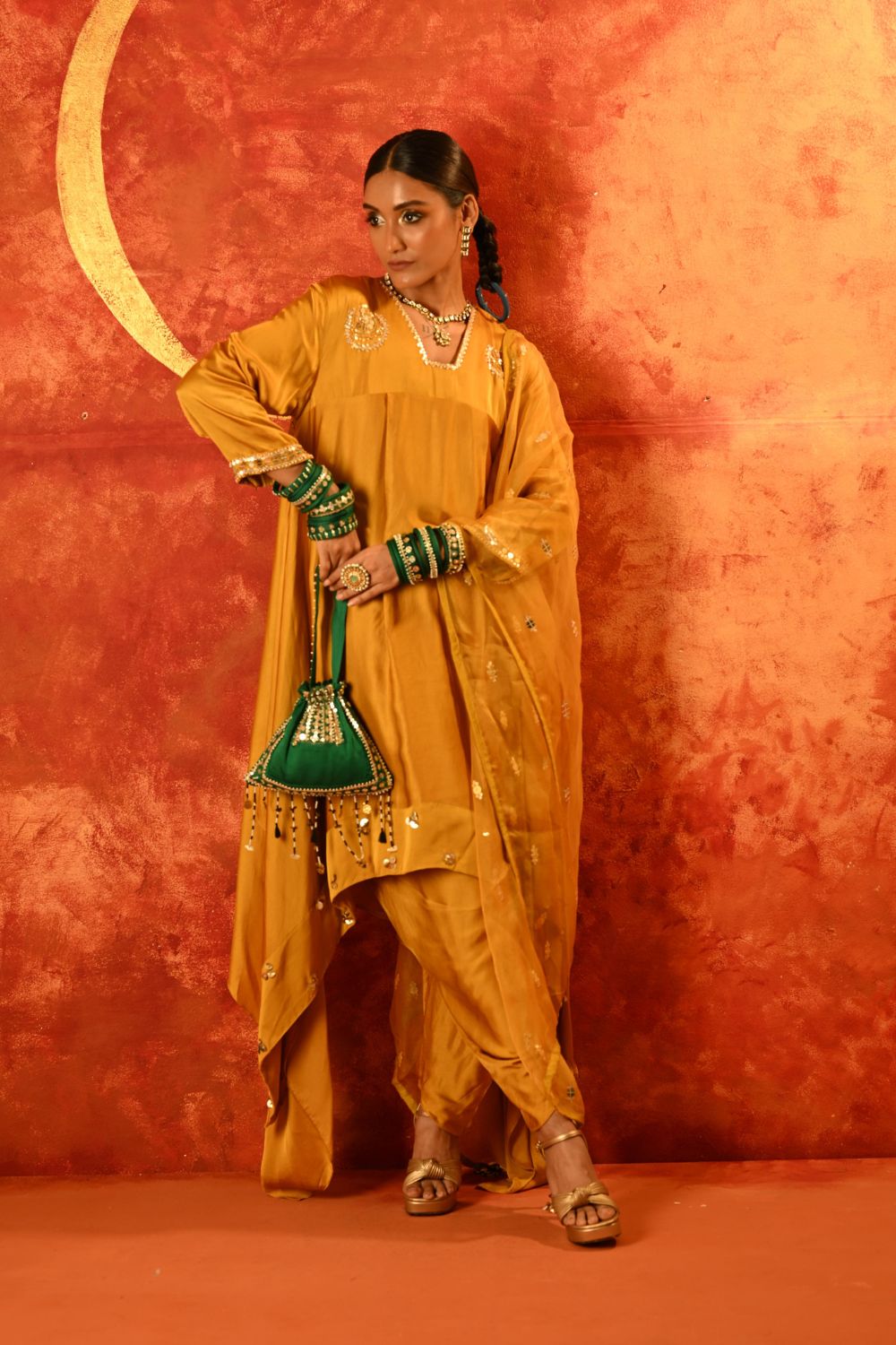 Mahi Mustard Asymmetric Kurta Set with coord Dupatta