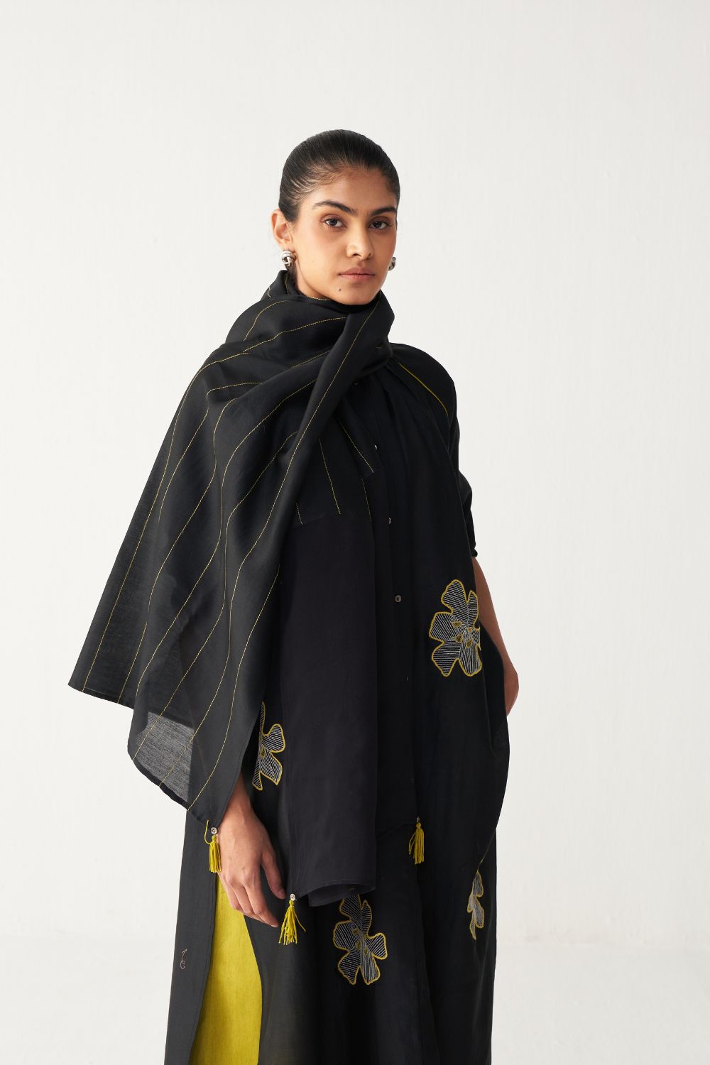 PANEL EMBROIDERED SCARF-BLACK