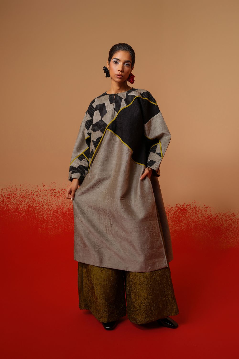 Crest Tunic-Grey + Black + Moss Green