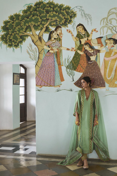 GUL SAGE GREEN SIDE KALI SILK KURTA SET