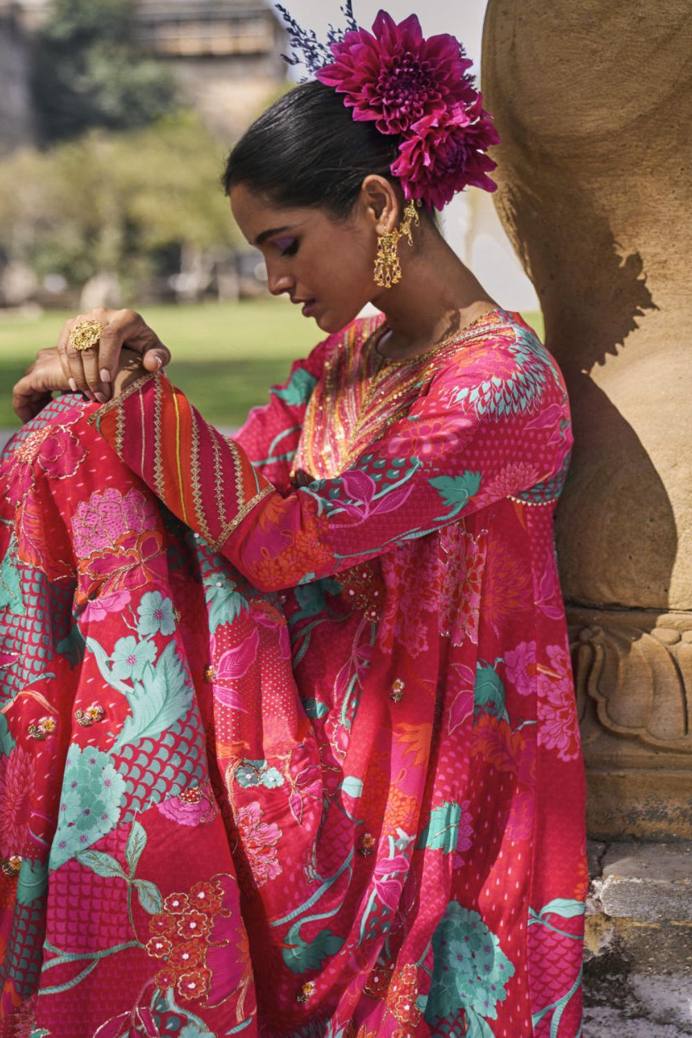 GUL JESTER RED PRINTED CREPE SHORT YOKE ANARKALI SET