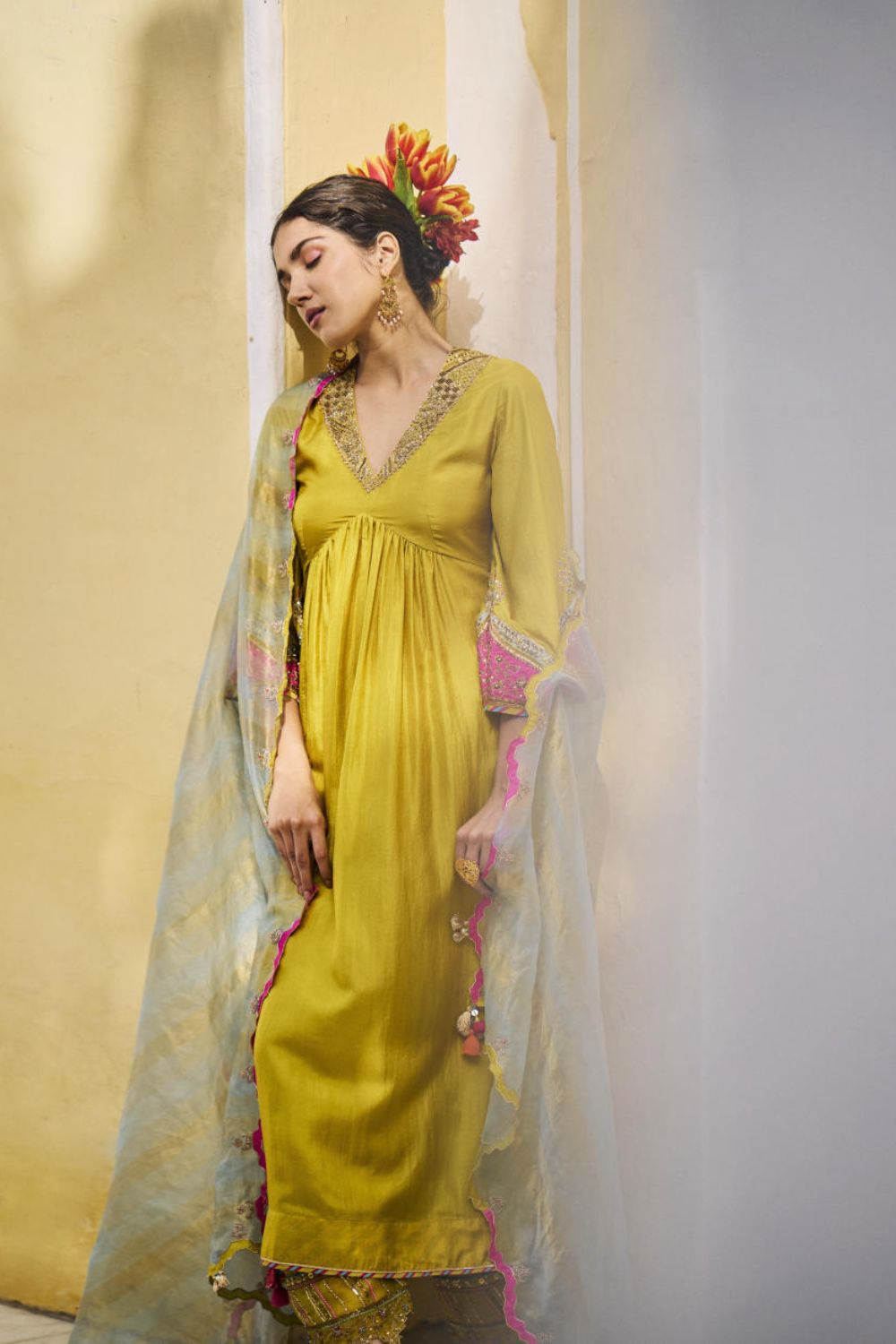 GUL LIME YELLOW BELL SLEEVE SILK KURTA SET