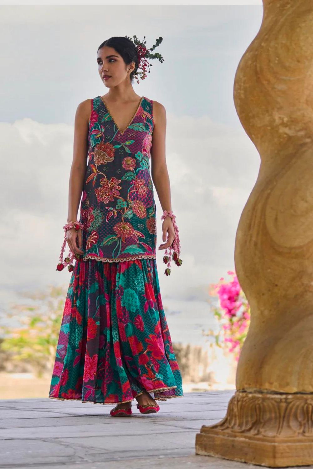 GUL TEAL FLORAL CREPE GHARARA SET