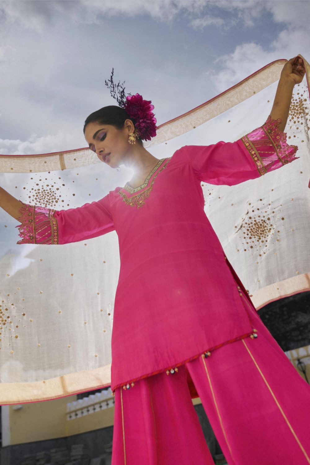 GUL HOT PINK SILK SHARARA SET