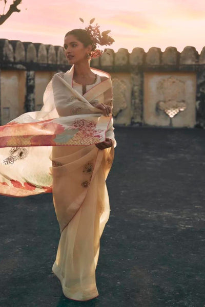 GUL IVORY FLORAL ORGANZA SARI