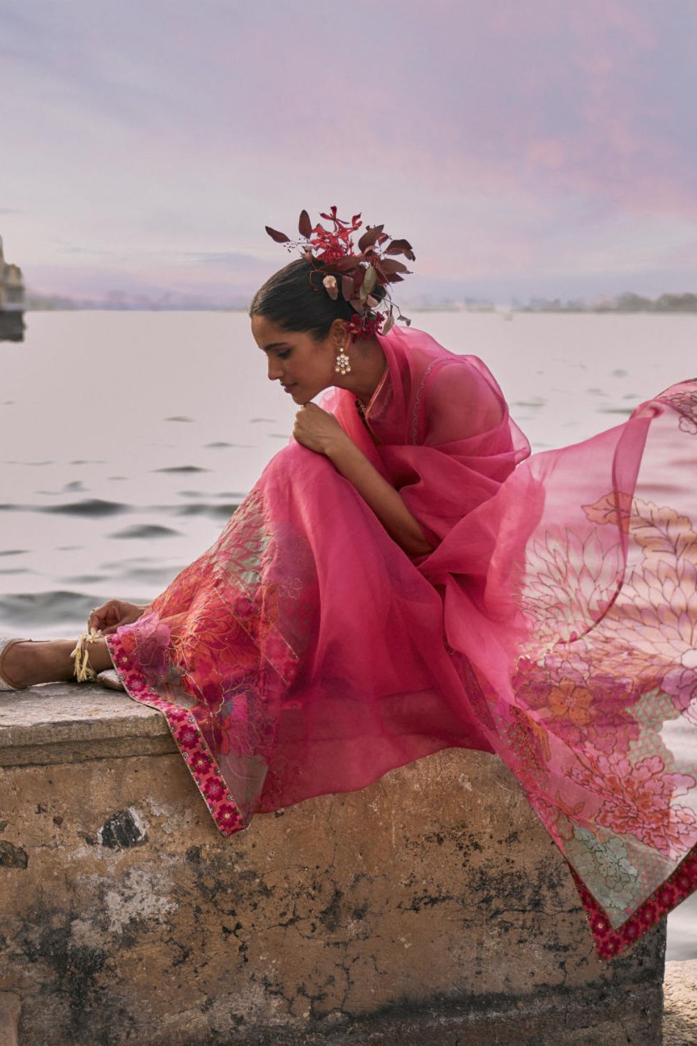 GUL FUSHIA ROSE PINK FLORAL PRINTED ORGANZA SARI