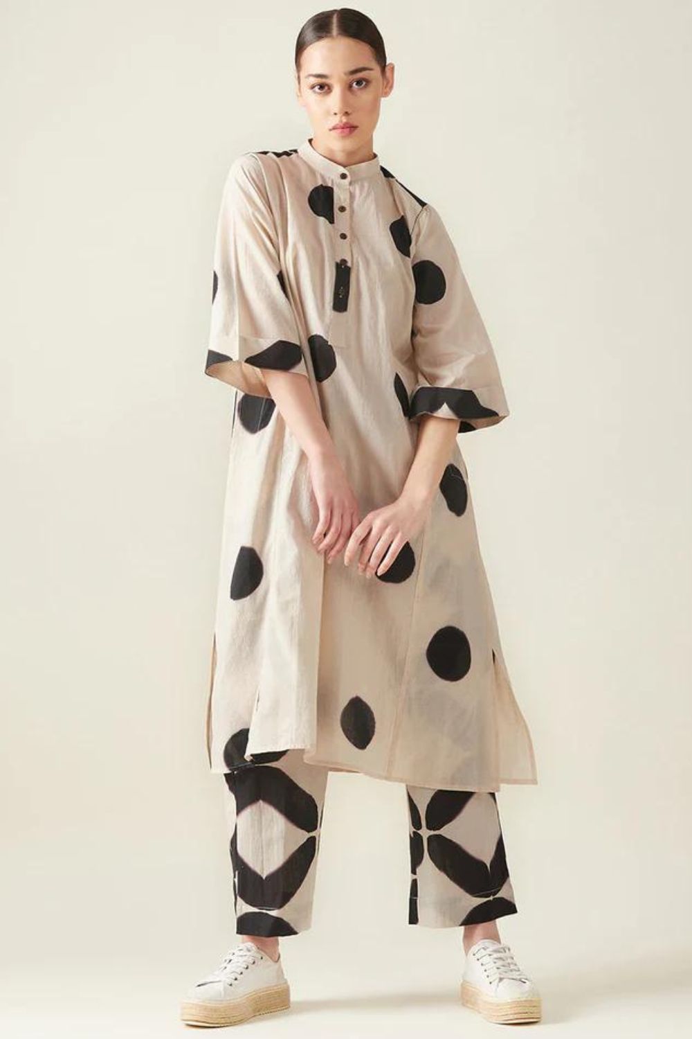 Polka Kurta Set -  Off White And Black