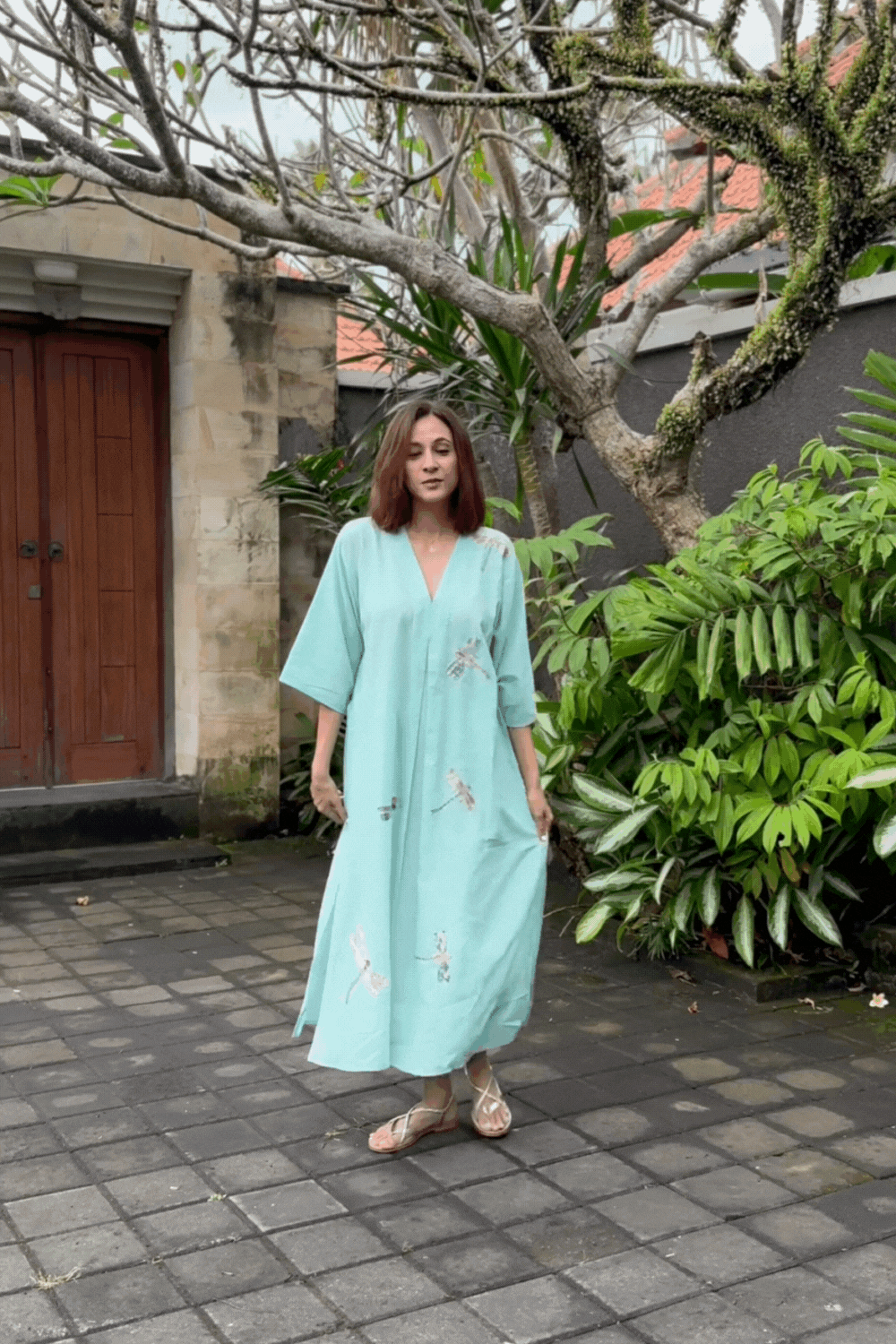 Dragon Fly Applique Embroidered Kaftan AQUA-Free size/Pants S