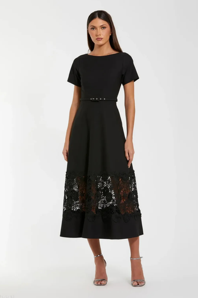 Black Crepe Boat Neck Midi Dress With Belt