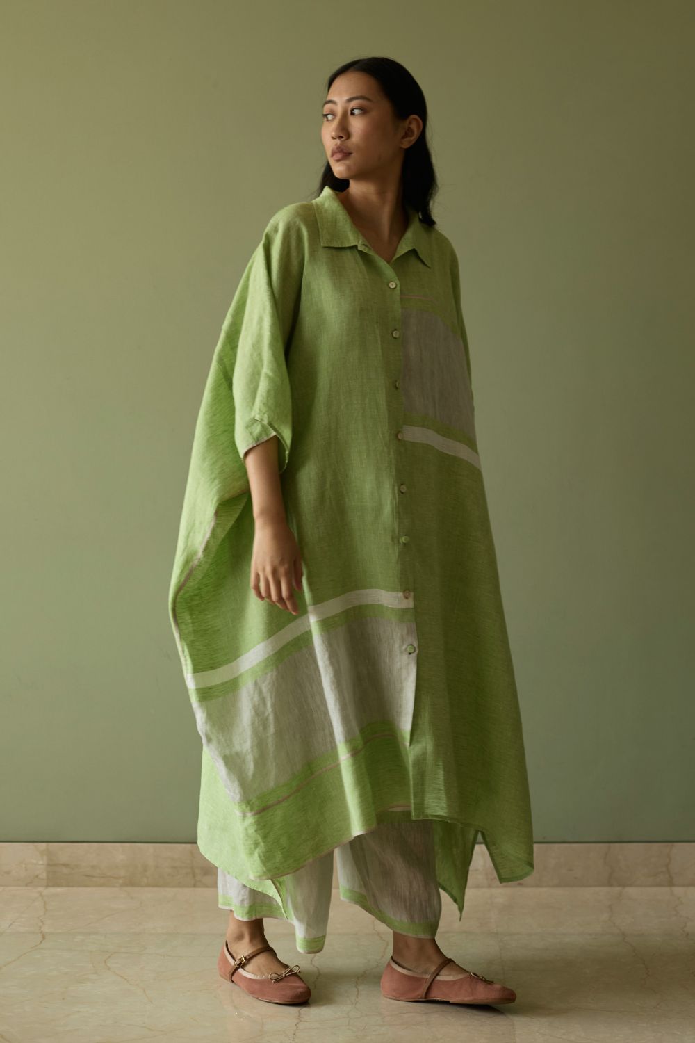 Bora Colour-Blocked Linen Kaftan-Meadow