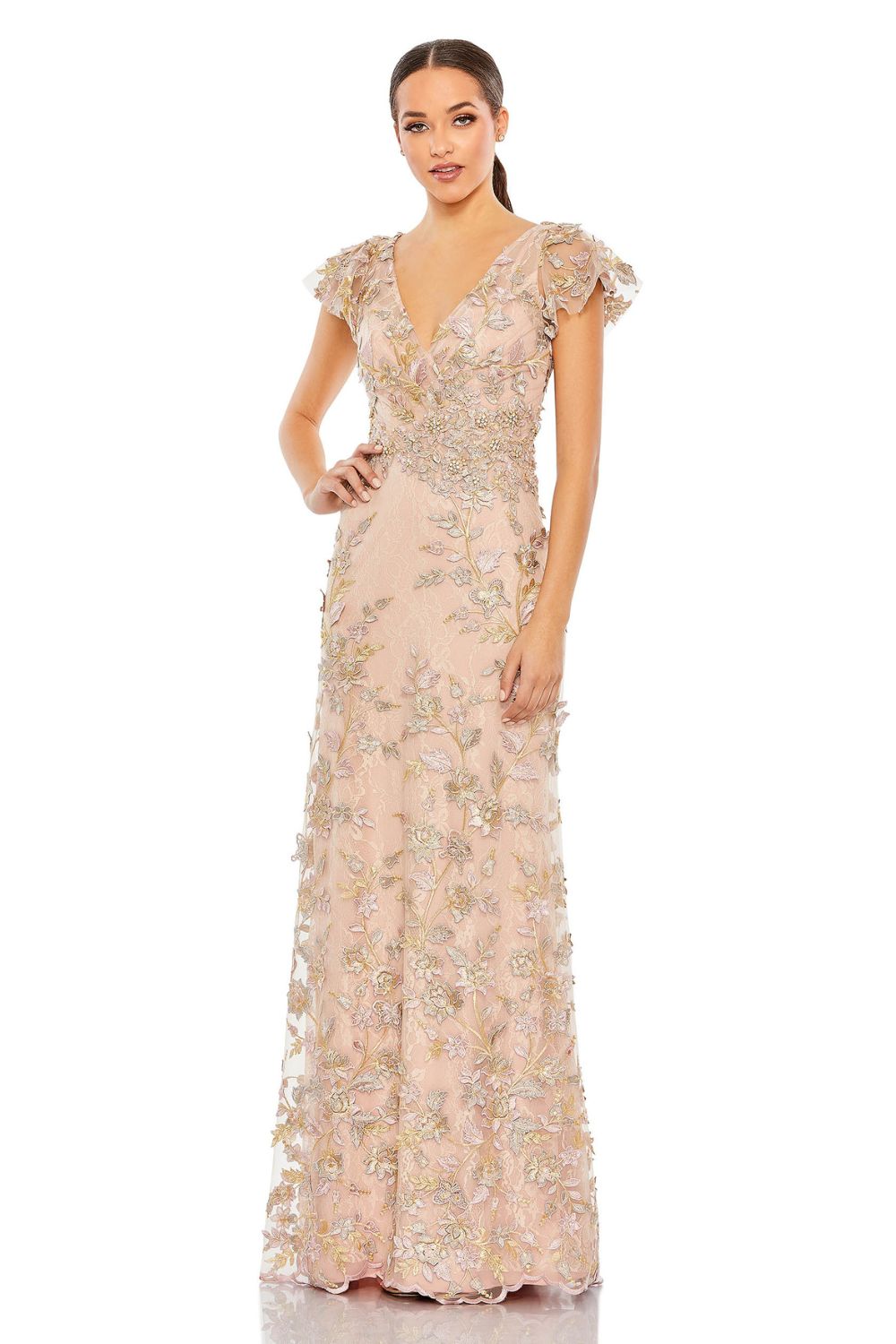 MD-68192 Embroidered Long Dress-Peach
