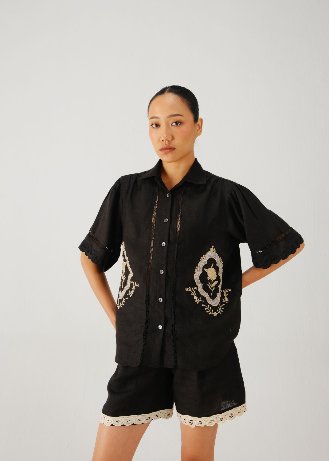 Victorian shirt-Black jali emb.