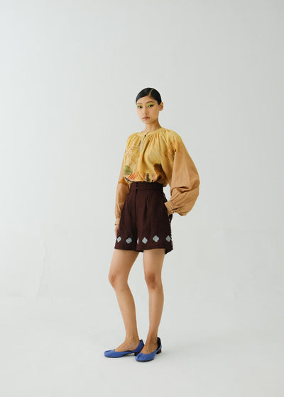 WIDE LEG SHORT-Maroon Applique