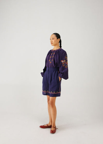 Wide leg shorts-Ink folk emb.