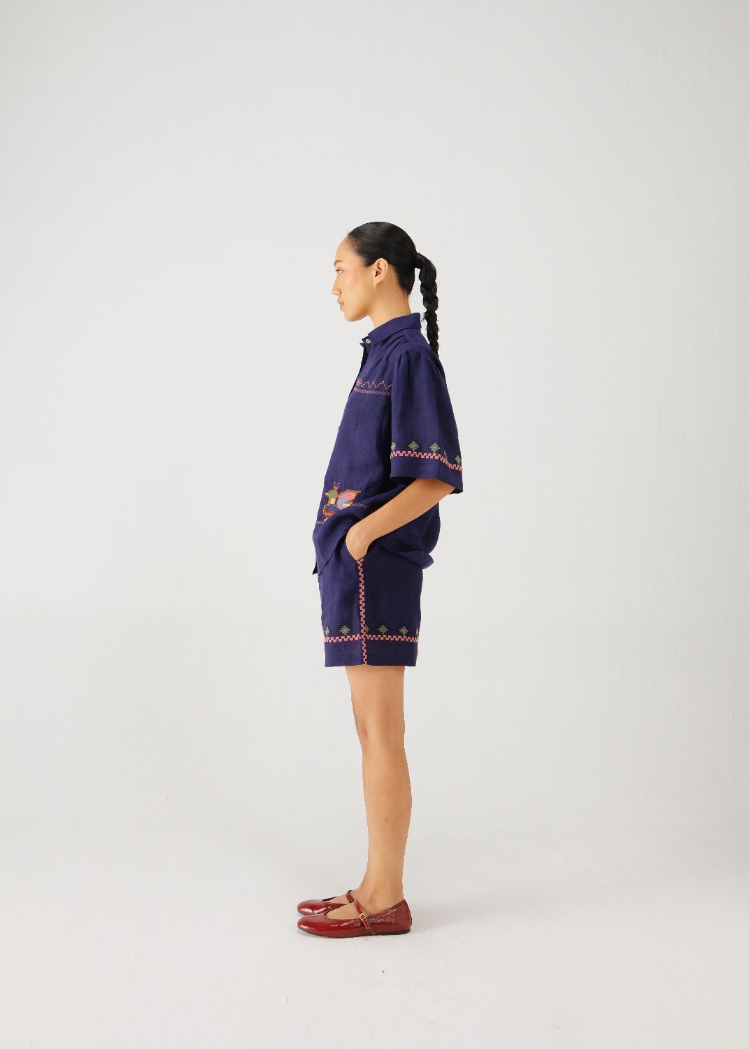 Wide leg shorts-Ink folk emb.