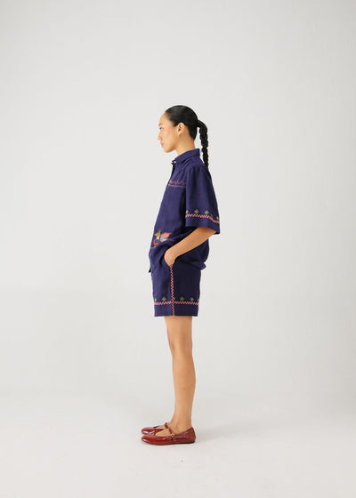Wide leg shorts-Ink folk emb.