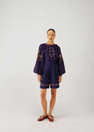 Wide leg shorts-Ink folk emb.