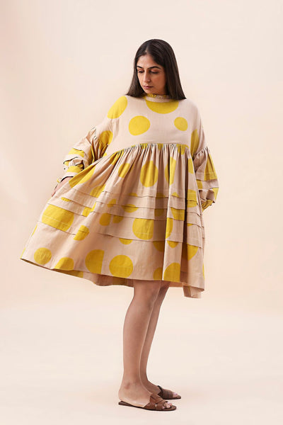 Yellow Hand Block Printed Polka Avira Dress
