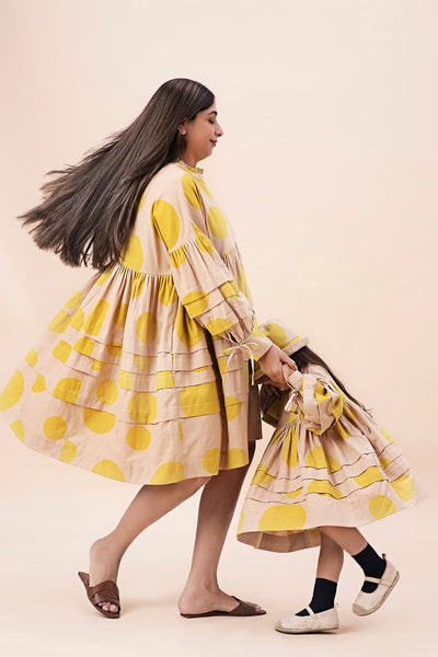 Yellow Hand Block Printed Polka Avira Dress