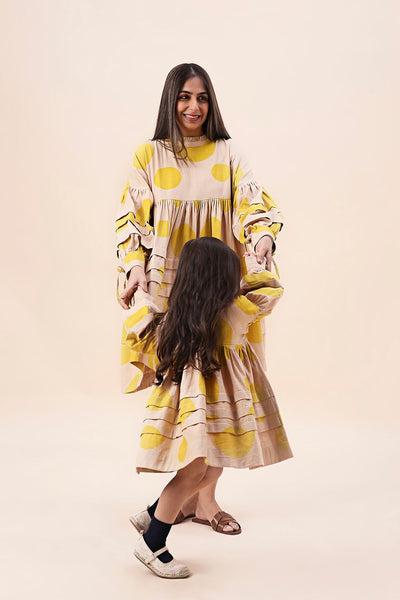 Yellow Hand Block Printed Polka Avira Dress