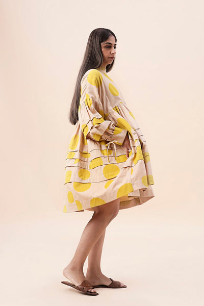 Yellow Hand Block Printed Polka Avira Dress