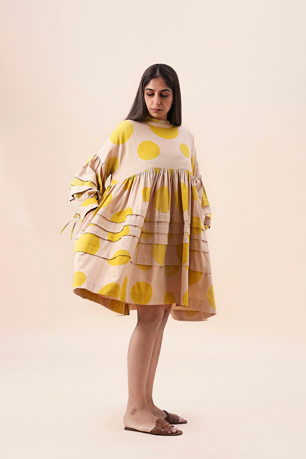 Yellow Hand Block Printed Polka Avira Dress