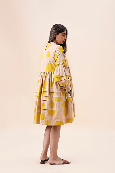 Yellow Hand Block Printed Polka Avira Dress