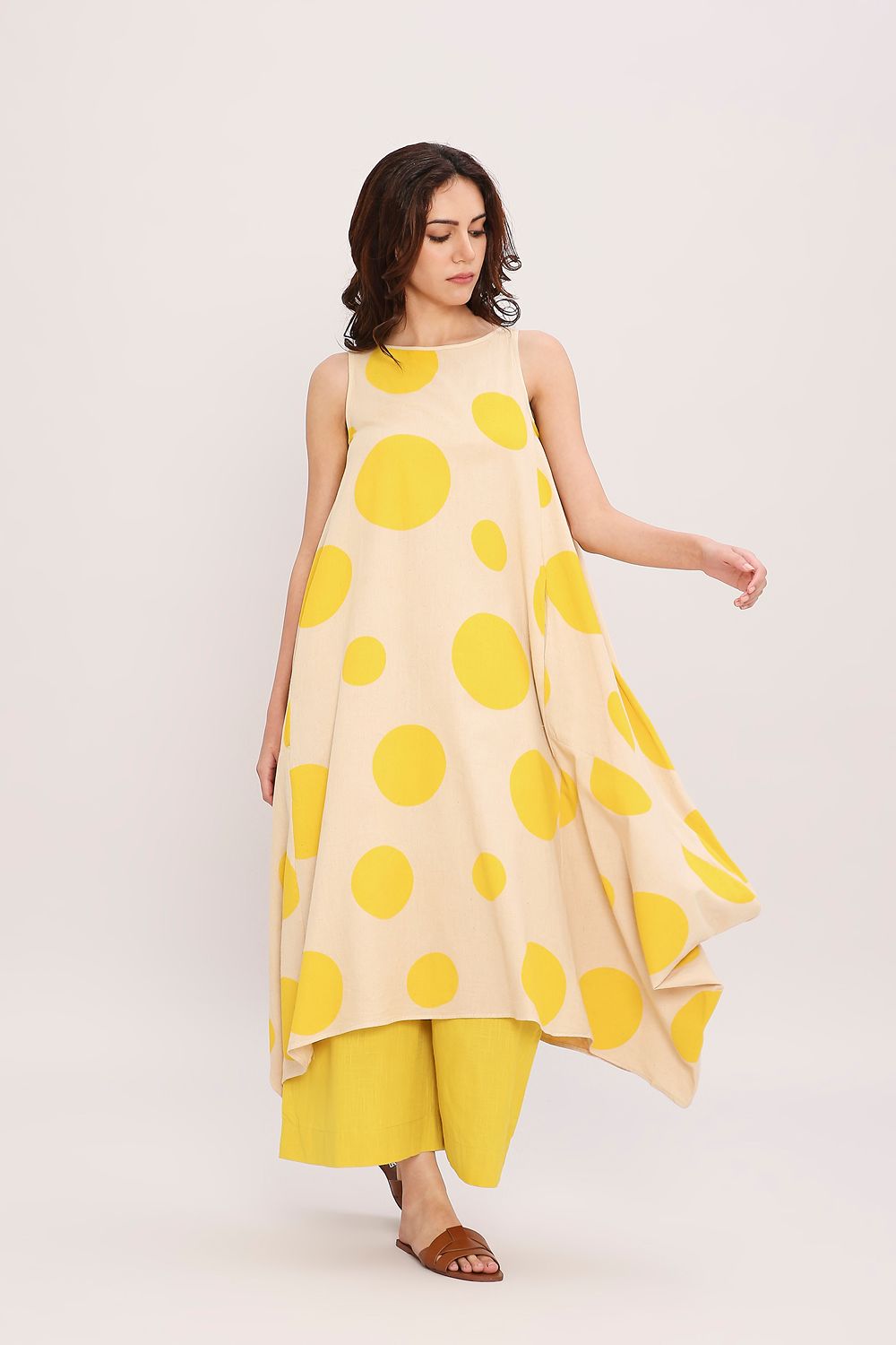 Yellow Hand Block Printed Polka Vari Co-ord Set (2 PCS)