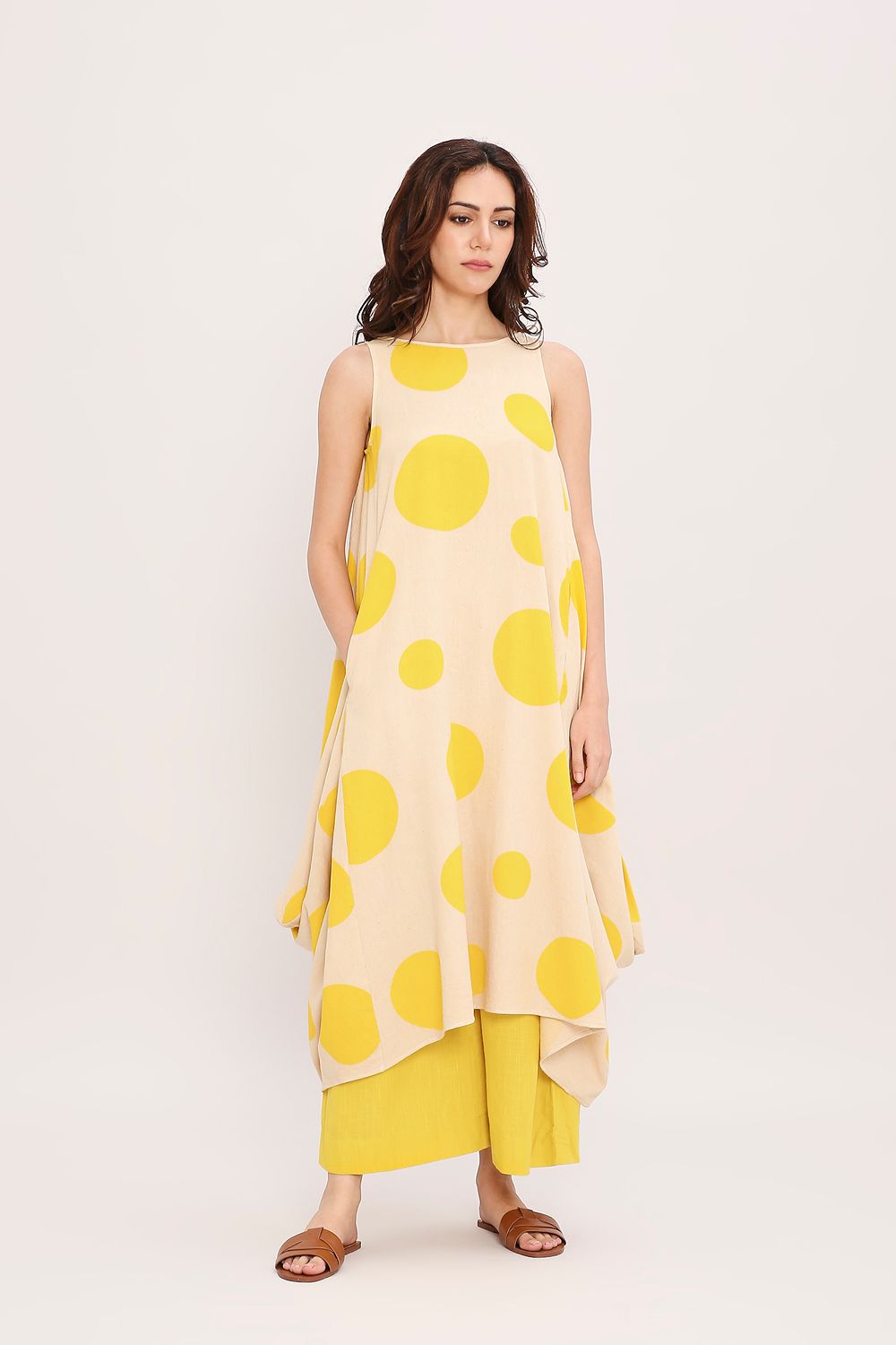 Yellow Hand Block Printed Polka Vari Co-ord Set (2 PCS)