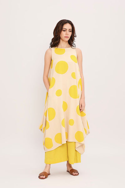 Yellow Hand Block Printed Polka Vari Co-ord Set (2 PCS)