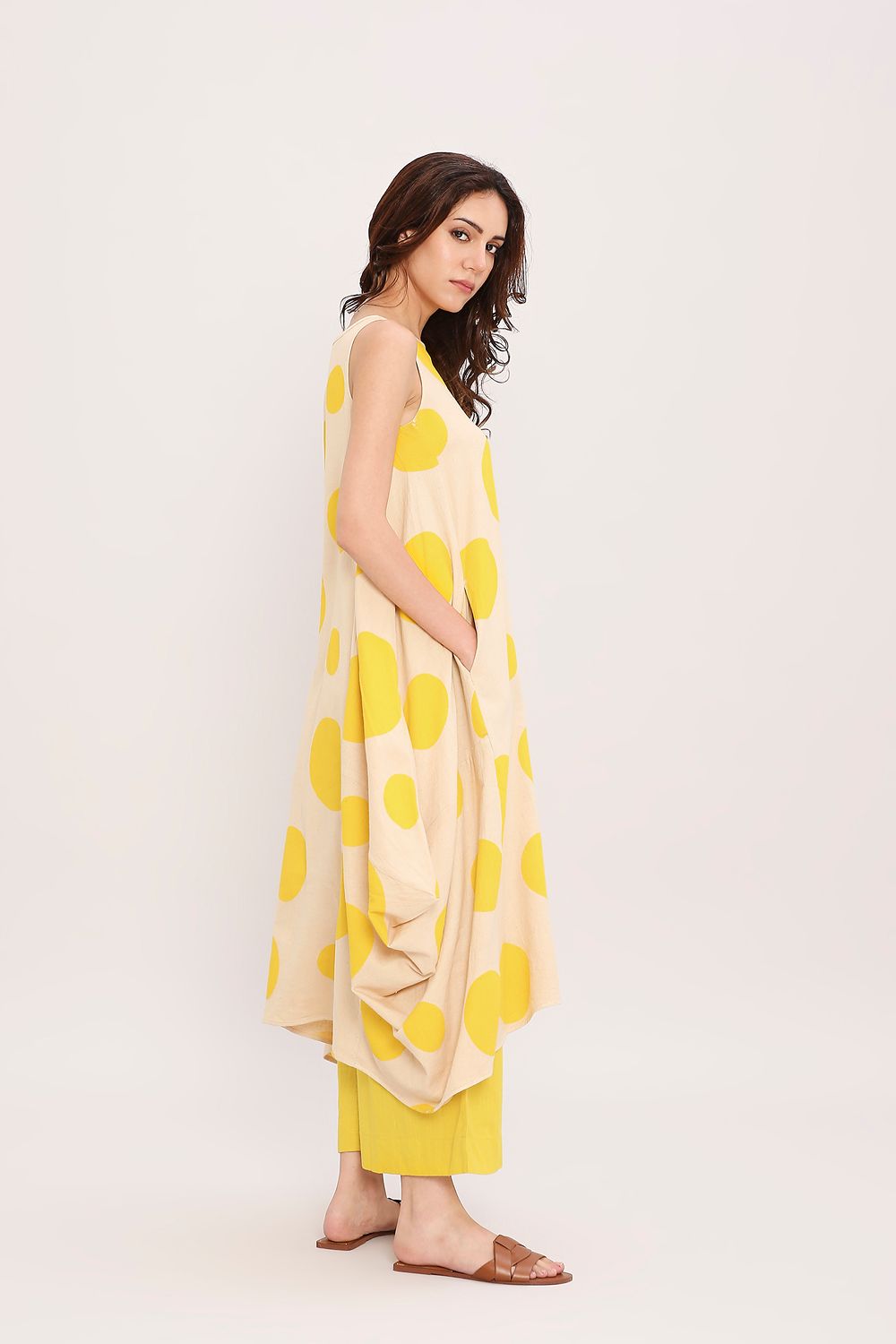 Yellow Hand Block Printed Polka Vari Co-ord Set (2 PCS)