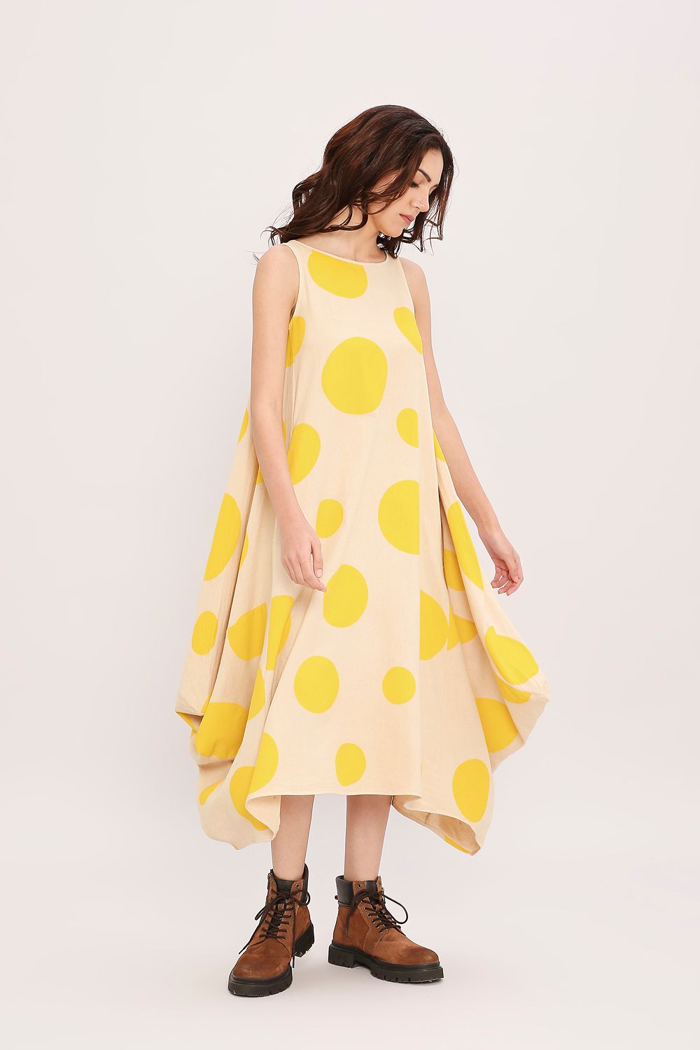 Yellow Hand Block Printed Polka Vari Dress