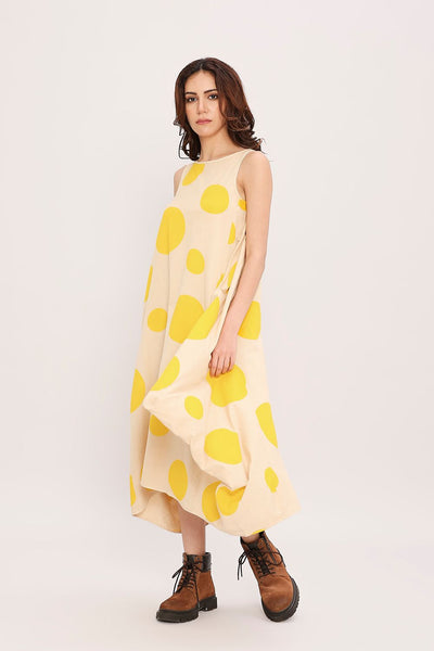 Yellow Hand Block Printed Polka Vari Dress