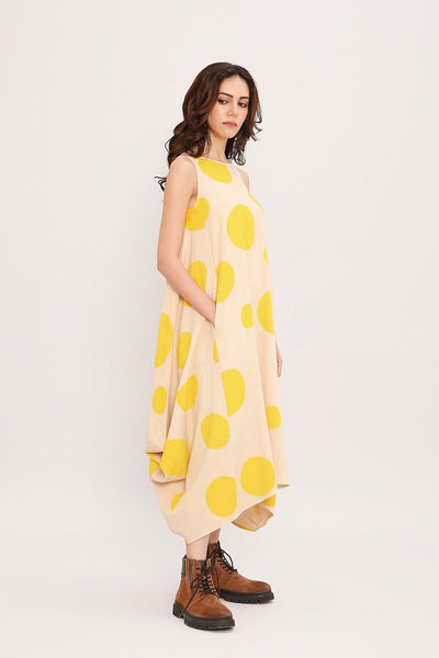 Yellow Hand Block Printed Polka Vari Dress
