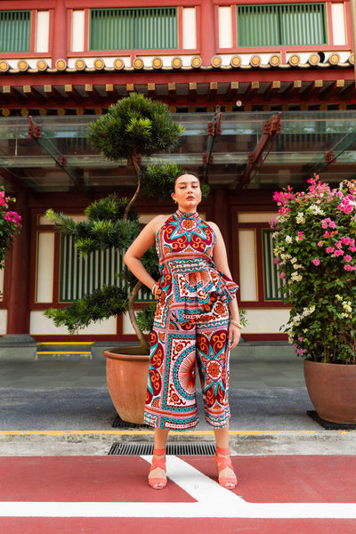 Yetunde Cheongsam Jumpsuit - Orange Cyan and White African Ankara Wax Cotton Print