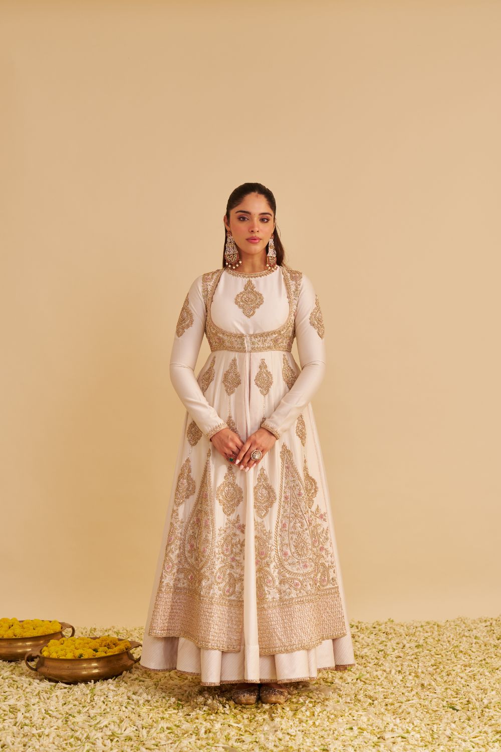 Zainah - Dabka Zardozi Embroidered Silk Daisy Ivory Anarkali  Set