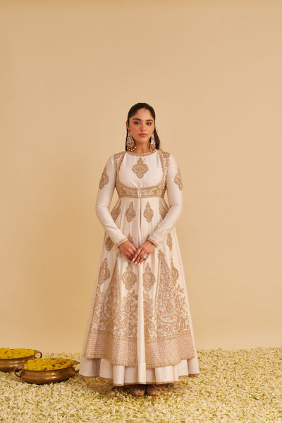 Zainah - Dabka Zardozi Embroidered Silk Daisy Ivory Anarkali  Set