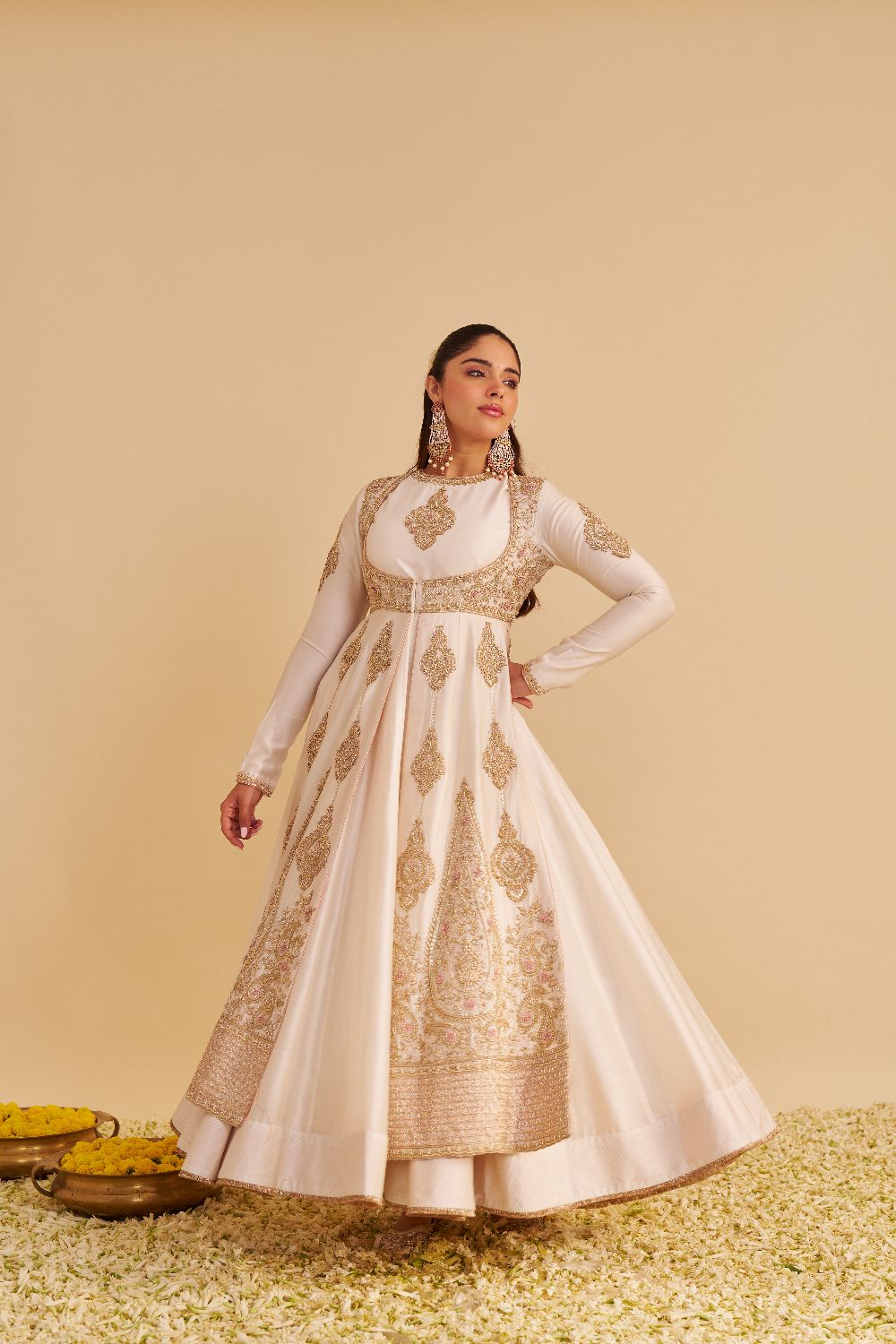 Zainah - Dabka Zardozi Embroidered Silk Daisy Ivory Anarkali  Set