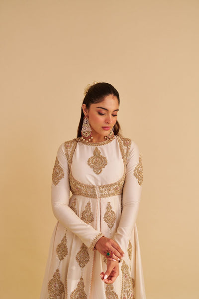 Zainah - Dabka Zardozi Embroidered Silk Daisy Ivory Anarkali  Set