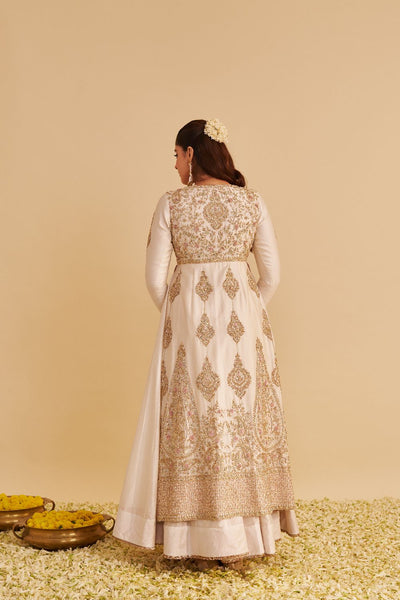 Zainah - Dabka Zardozi Embroidered Silk Daisy Ivory Anarkali  Set