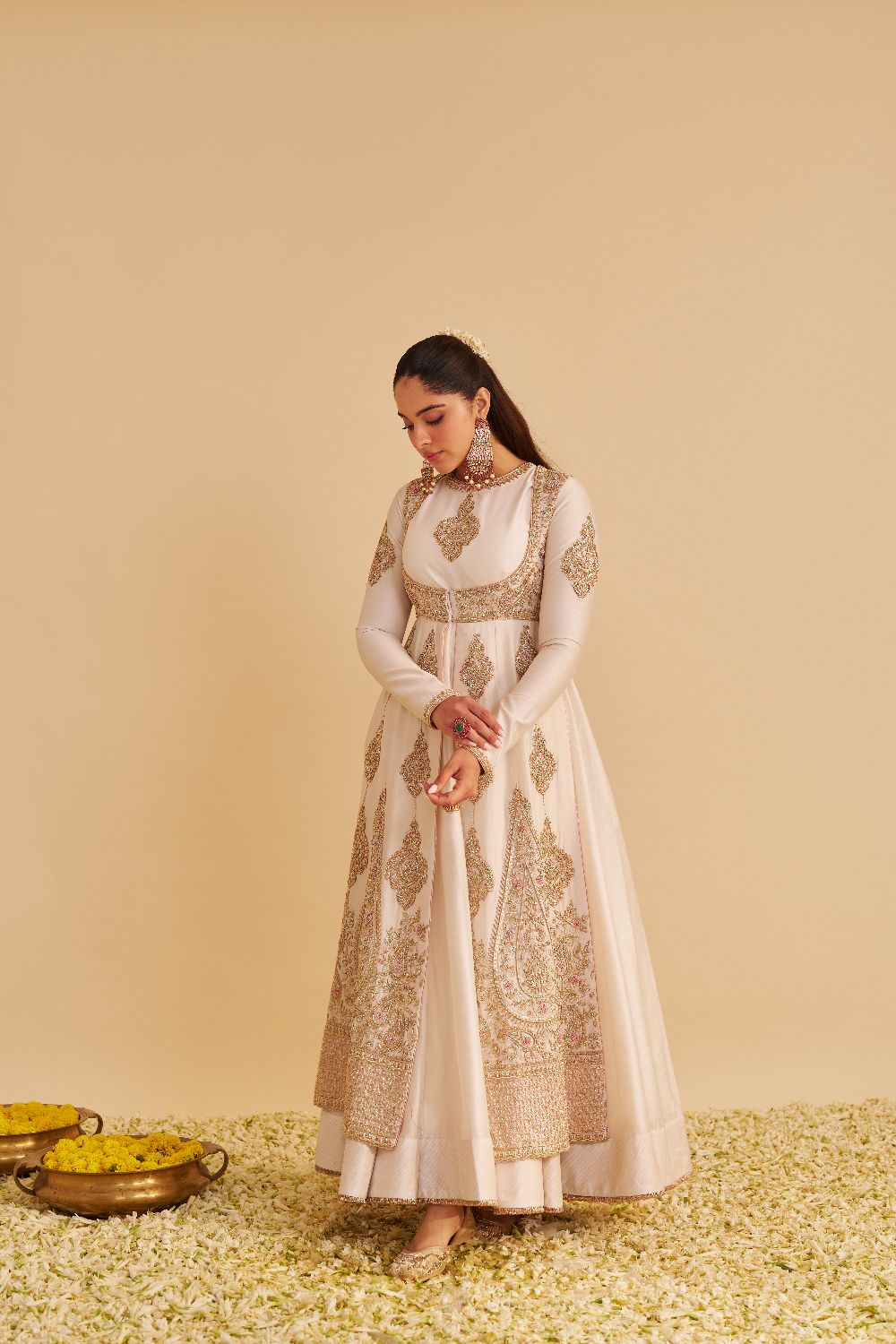 Zainah - Dabka Zardozi Embroidered Silk Daisy Ivory Anarkali  Set