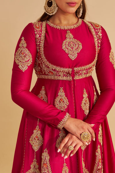 Zainah - Dabka Zardozi Embroidered Silk Hotpink Anarkali  Set