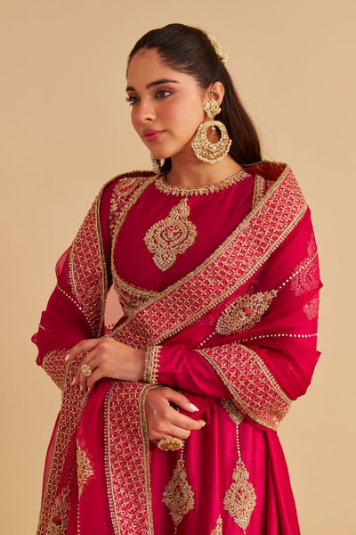 Zainah - Dabka Zardozi Embroidered Silk Hotpink Anarkali  Set