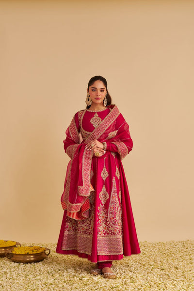 Zainah - Dabka Zardozi Embroidered Silk Hotpink Anarkali  Set