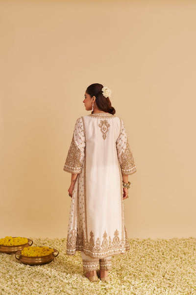 Zoya - Dabka Zardozi Embroidered Rich Banarasi Kalidaar Daisy Ivory Long Chauga Set